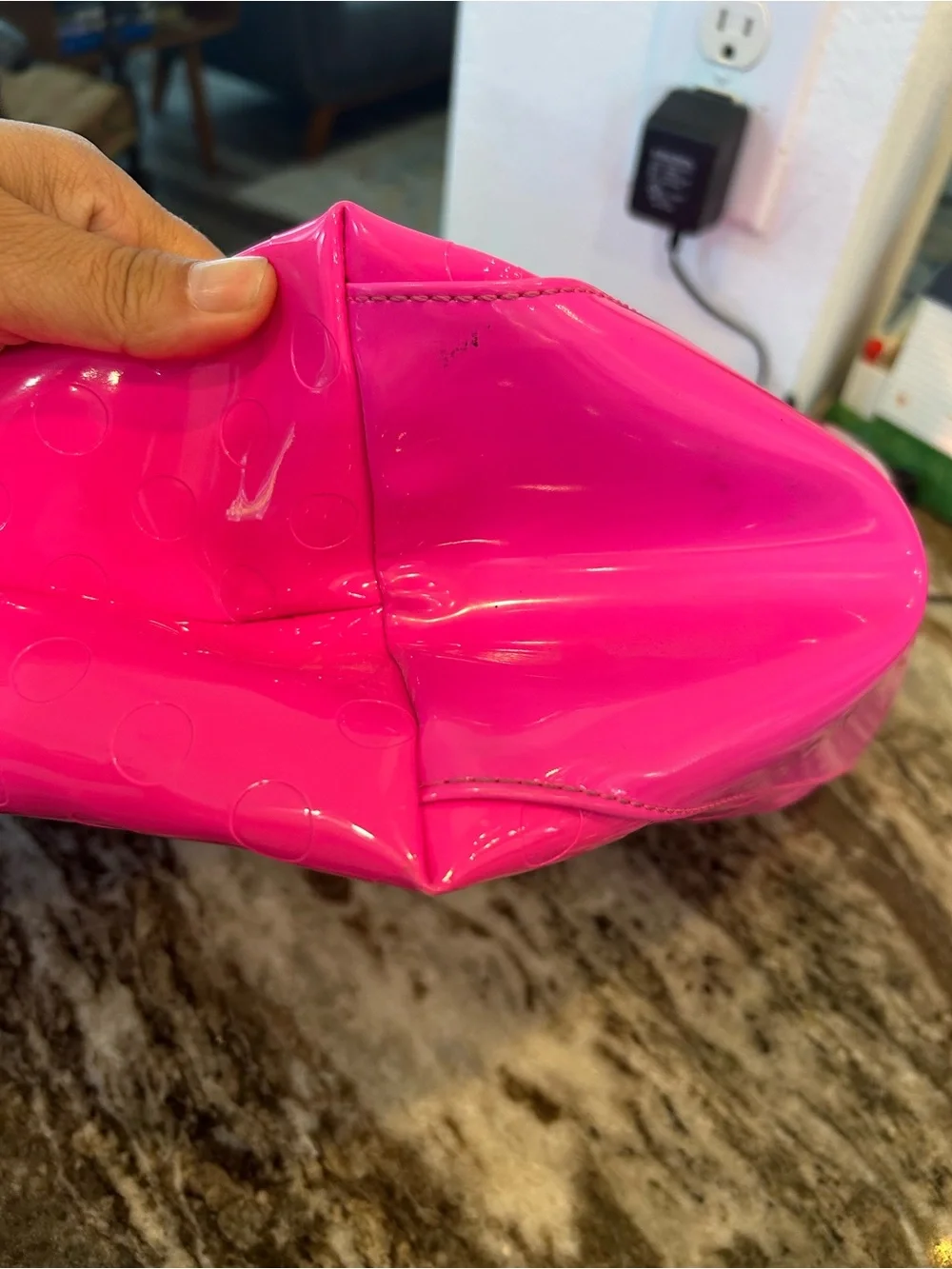 kate spade camellia st Sophie Tote in Hot Pink has a few marks scuffs peeling
